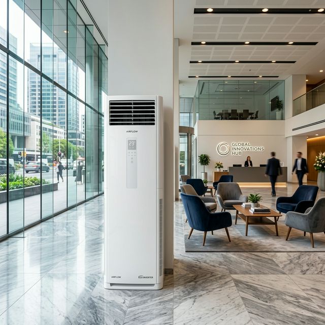 White floor-standing split air conditioner in commercial lobby Nairobi