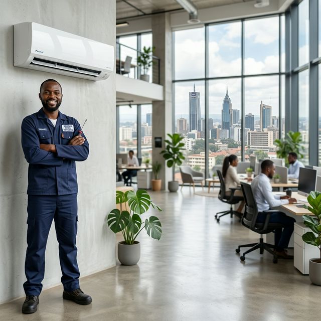 Professional Kenyan HVAC technician installing air conditioning system in Nairobi - Spinel Dynamics Group