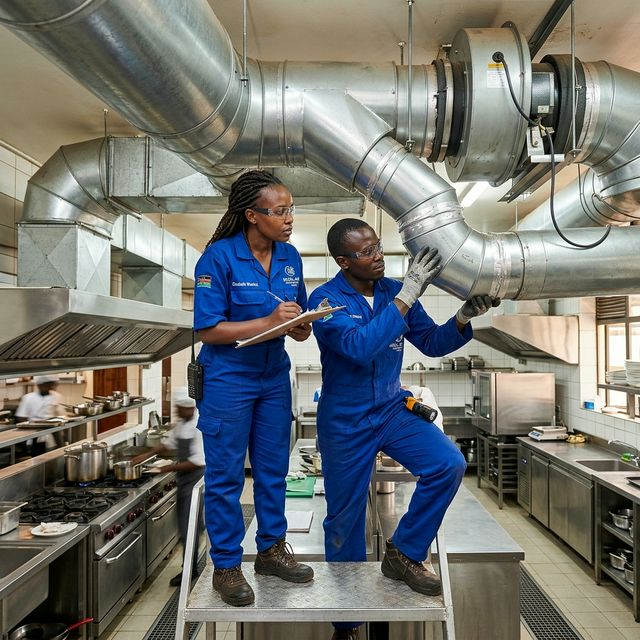 African HVAC engineer inspecting commercial ventilation ductwork in Kenya
