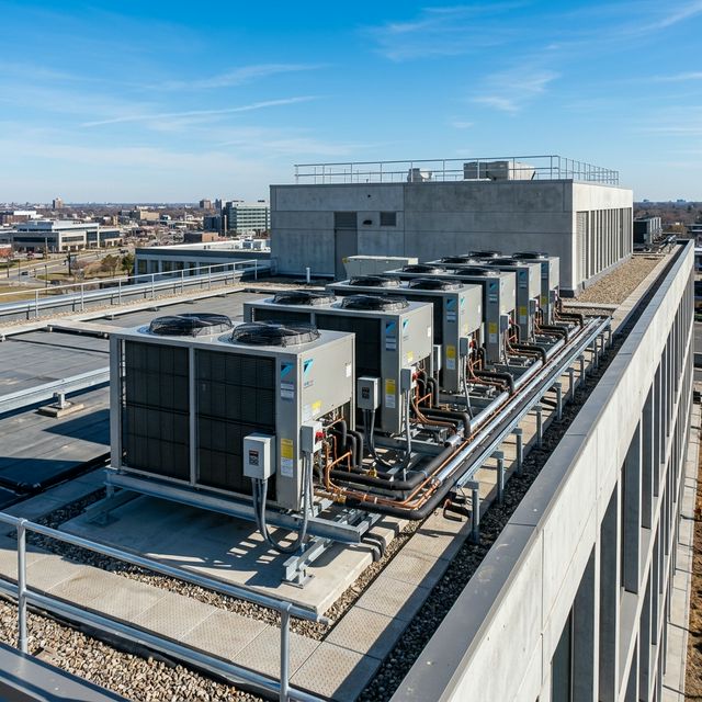 VRF heat pump outdoor condensing units on commercial rooftop in Kenya